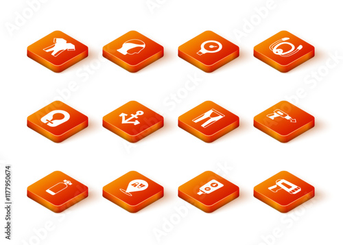 Set Aqualung, Flippers for swimming, Life jacket, Anchor, Gauge scale, Wetsuit scuba diving, Flashlight diver and Fishing harpoon icon. Vector