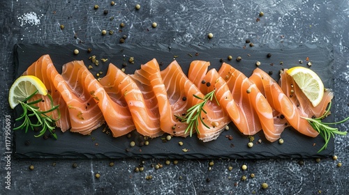 Fresh smoked salmon slices with lemon and rosemary, gourmet seafood on black slate, healthy luxury appetizer, elegant food arrangement with copy space


