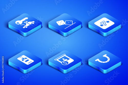 Set Horseshoe, Car gift, Casino chips exchange, Lucky wheel on phone, Game dice and slot machine icon. Vector