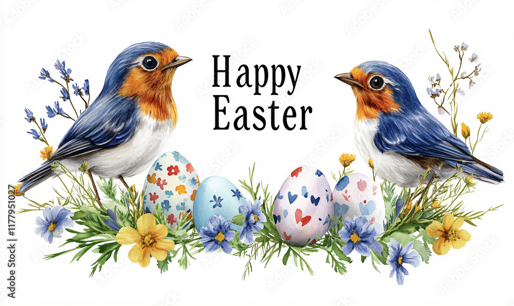 Fototapeta premium Delicate Easter Birds with Pastel Eggs Amongst Wildflowers against a Spring Scene