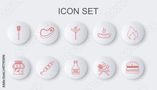 Set line Burger, Barbecue shopping building, Sausage on the fork, Crossed and spatula, Steak meat, Grilled shish kebab and Ketchup bottle icon. Vector