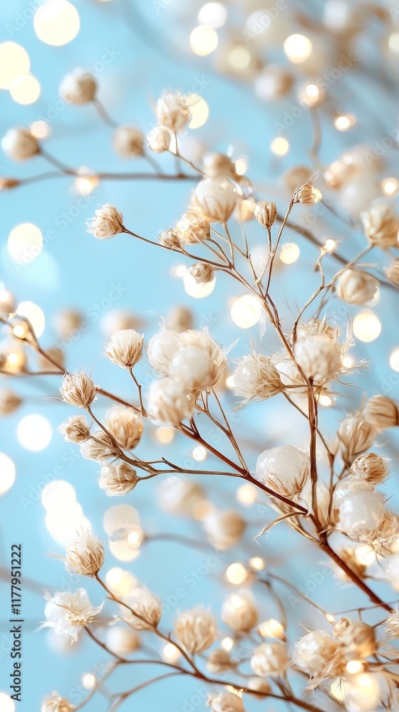 Delicate Dried Flowers with Fairy Lights Soft Blue Background Romantic Floral Arrangement Delicate Dried Flowers with Fairy Lights Soft Blue Background Romantic Floral Arrangement