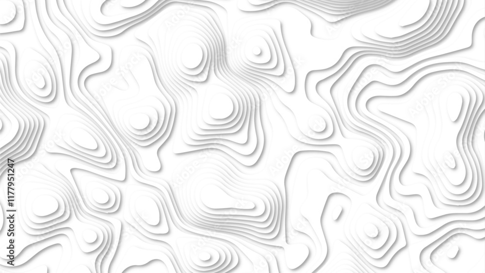 Abstract 3d wavy line paper cut white background. Topographic canyon geometric map relief texture with curved layers and shadow. Abstract 3d wavy line paper cut white background. Topographic canyon geometric map relief texture with curved layers and shadow.