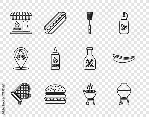 Set line Oven glove, Barbecue grill, spatula, Burger, shopping building, Ketchup bottle, grilled shish kebab and Hot chili pepper pod icon. Vector