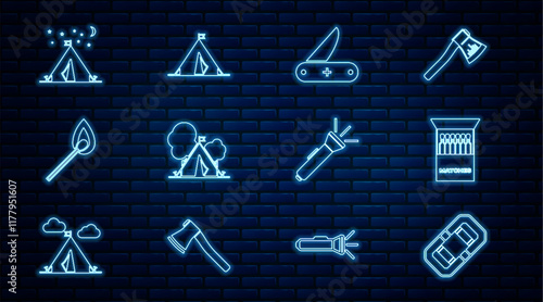 Set line Rafting boat, Open matchbox and matches, Swiss army knife, Tourist tent with flag, Burning fire, Flashlight and icon. Vector