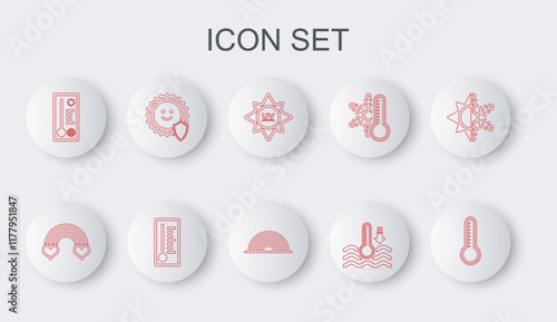 Set line Meteorology thermometer, Rainbow with heart, UV protection, Water, and icon. Vector