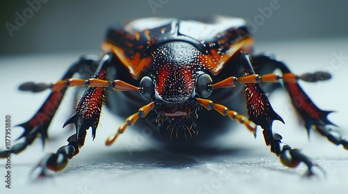 A close-up of a beetlea??s legs on a white surface. photo