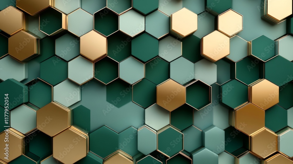 Abstract hexagonal pattern in teal and gold, creating a modern design aesthetic. Abstract hexagonal pattern in teal and gold, creating a modern design aesthetic.