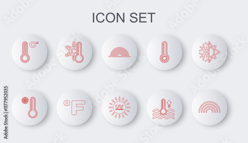 Set line Rainbow, Meteorology thermometer, Water, Thermometer with snowflake, Fahrenheit and UV protection icon. Vector
