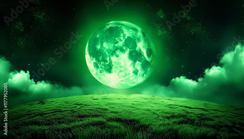 inexperienced night sky with green moon and clouds backhround green halloween historical past scary spooky night time full moon night time illustration