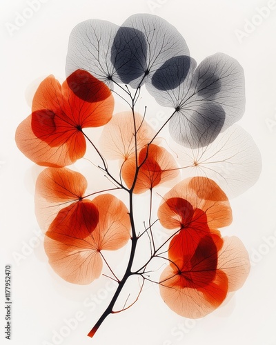 Abstract Botanical Art X Ray Style Red and Gray Leaves Branch