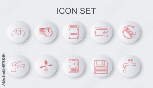 Set line Water tap, SSD card, Floppy disk, Cloud database, Stopwatch, Kayak and paddle and Hard drive HDD icon. Vector