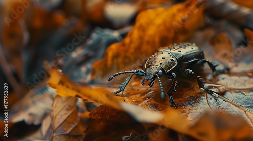 A close-up of a beetle crawling across an autumn leaf, captured with a 35mm, f22, cinematic, wide angle lens photo