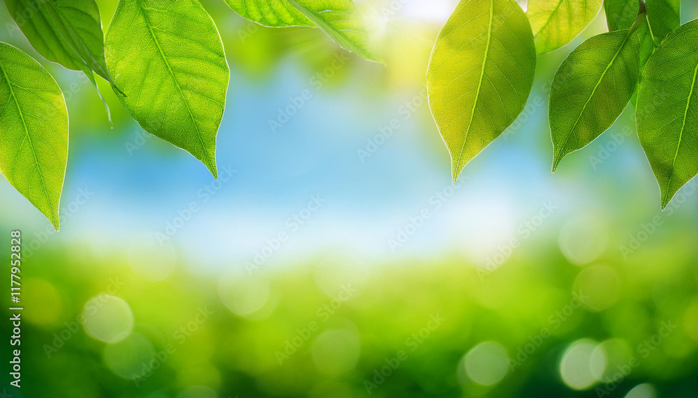 Obraz premium blur background of green leaves with sky bokeh nature