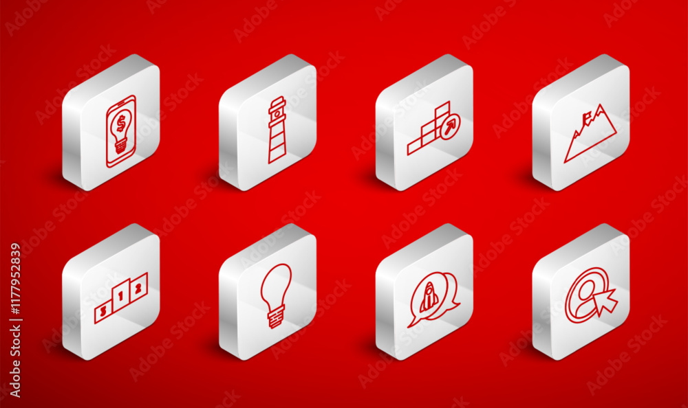 Set line Create account screen, Lighthouse, Financial growth, Mountains with flag, Startup project concept, bulb dollar mobile, of idea and Business podium icon. Vector Set line Create account screen, Lighthouse, Financial growth, Mountains with flag, Startup project concept, bulb dollar mobile, of idea and Business podium icon. Vector
