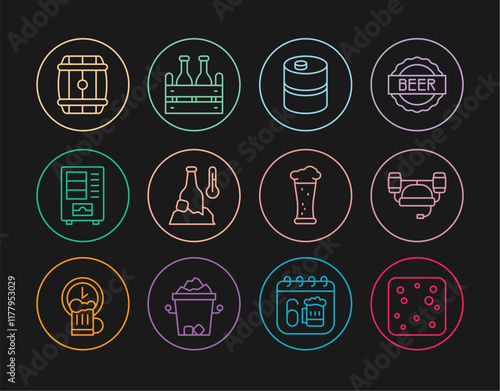 Set line Beer bubbles, helmet, Metal beer keg, Cold bottle, Vending machine, Wooden barrel, Glass of and Pack bottles icon. Vector