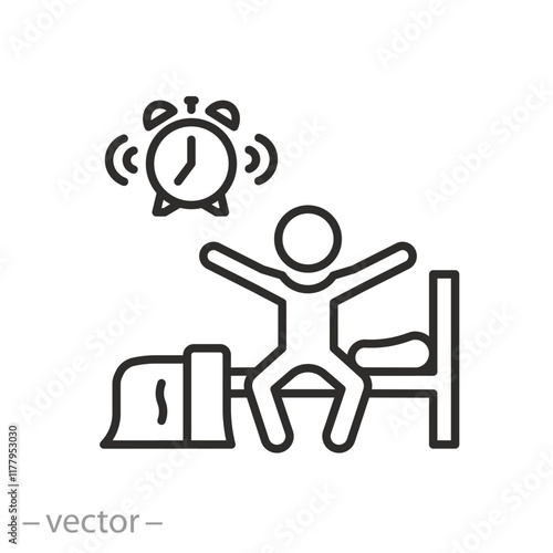 man woke up icon, person sitting on the bed, morning wake up concept, ringing alarm clock, thin line symbol on white background - vector illustration