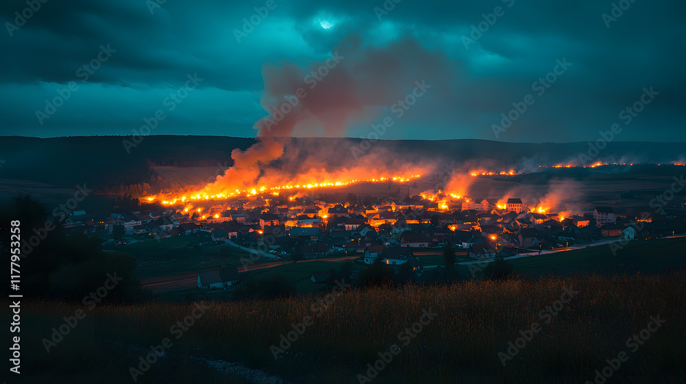 Fototapeta premium A village lit by glowing fire pits, with smoke rising into the sky as the background, during a peaceful twilight