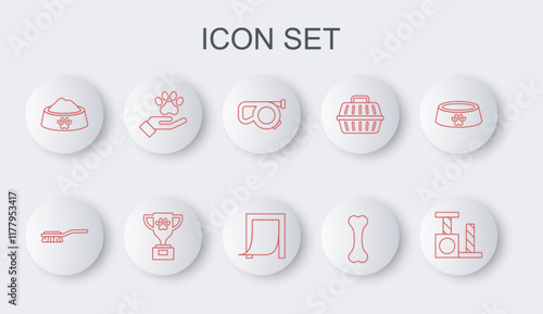 Set line Cat scratching post, Hair brush for dog and cat, Retractable cord leash, Dog bone, Pet food bowl, Hands with animals footprint, award and Door pet icon. Vector