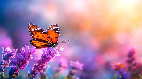 Orange butterfly on lavender flowers in sunset.