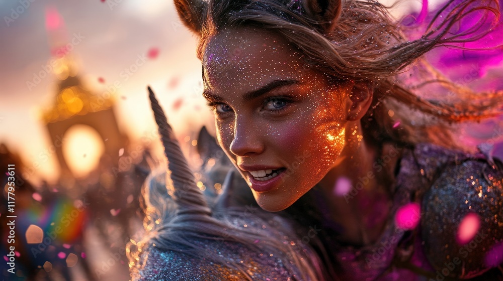 A mesmerizing scene of a powerful, confident woman riding a unicorn, sparkling brightly against a colorful sunset, evoking a magical and uplifting feeling of joy and freedom. A mesmerizing scene of a powerful, confident woman riding a unicorn, sparkling brightly against a colorful sunset, evoking a magical and uplifting feeling of joy and freedom.