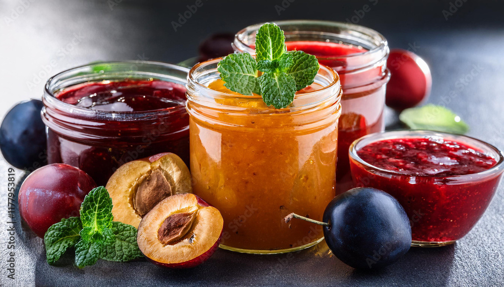 assortment of jams seasonal berries plums mint and fruits