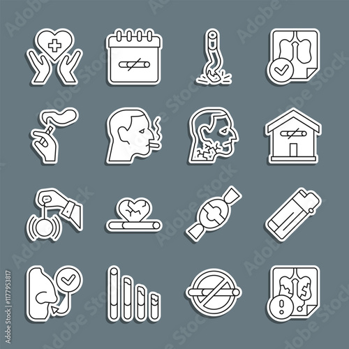 Set line Disease lungs, Lighter, No smoking at home, Cigarette butt, Man cigarette, Hand with, Heart cross and Throat cancer icon. Vector