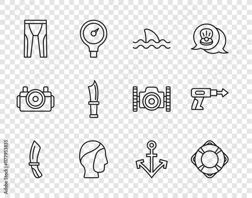 Set line Diving knife, Lifebuoy, Shark, hood, Wetsuit for scuba diving, Anchor and Fishing harpoon icon. Vector