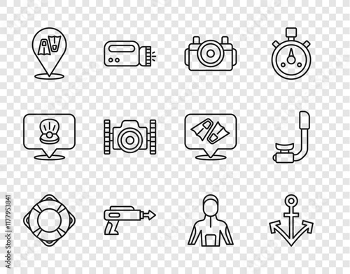 Set line Lifebuoy, Anchor, Photo camera for diver, Fishing harpoon, Flippers swimming, Wetsuit scuba diving and Snorkel icon. Vector