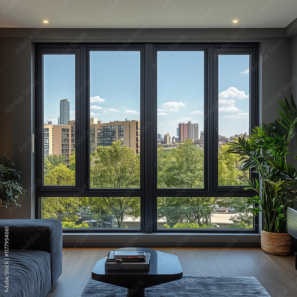 Fototapeta premium Retractable Dual-Pane Skyline Window with Deep Grey Frames for Dynamic Views