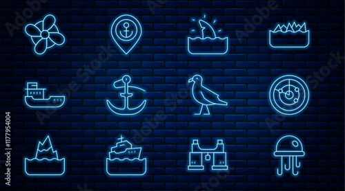 Set line Jellyfish, Radar with targets, Shark fin in ocean wave, Anchor, Cargo ship, Boat propeller, Bird seagull and Location anchor icon. Vector