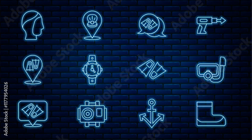Set line Boots, Diving mask with snorkel, Flippers for swimming, watch, hood, and Scallop sea shell icon. Vector