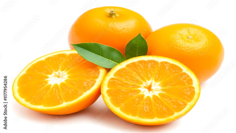 Bright oranges, whole and halved, with green leaves on white background, vibrant Bright oranges, whole and halved, with green leaves on white background, vibrant