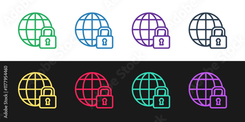Set line Global lockdown - locked globe icon isolated on black and white background. Vector