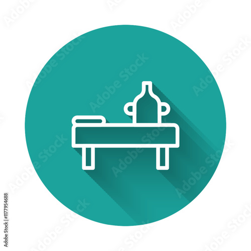 White line Massage table with oil icon isolated with long shadow. Green circle button. Vector