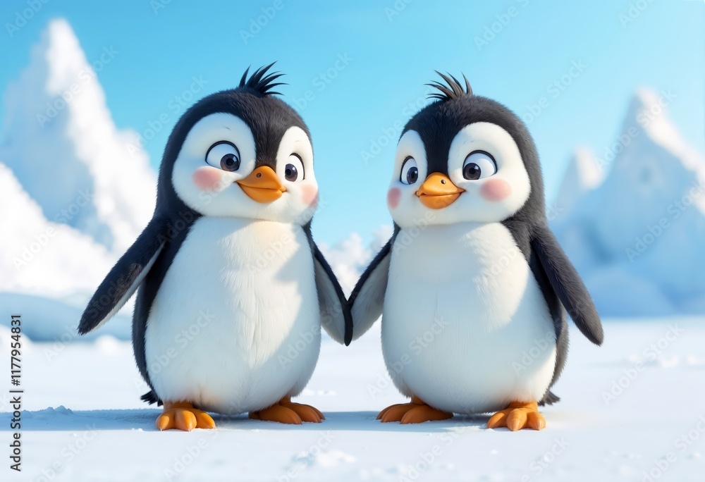Obraz premium Cute cartoon penguins expressive faces in a snowy landscape with icebergs and a clear blue sky