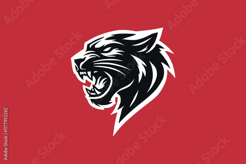Minimalist black silhouette of a roaring panther head, bold and fierce