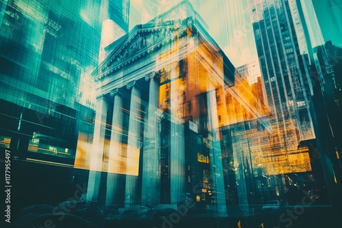 Double exposure of bank building and banknote symbolizing finance, economy, and stock market trends photo