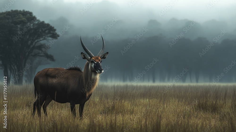 Fototapeta premium Majestic Sable Antelope in Misty African Savanna