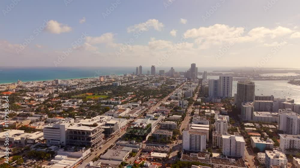 Aerial Miami views 2025. Aerial stock video South Beach Miami Florida. View of coastal towers and sunset over the bay Aerial Miami views 2025. Aerial stock video South Beach Miami Florida. View of coastal towers and sunset over the bay