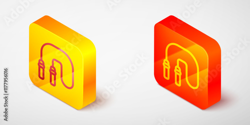 Isometric line Jump rope icon isolated on grey background. Skipping rope. Sport equipment. Yellow and orange square button. Vector