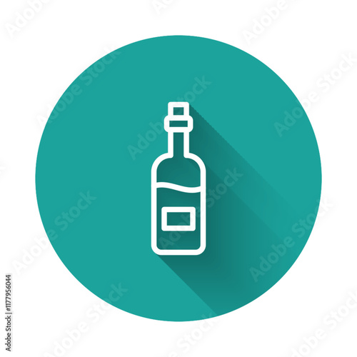White line Bottle of wine icon isolated with long shadow background. Green circle button. Vector