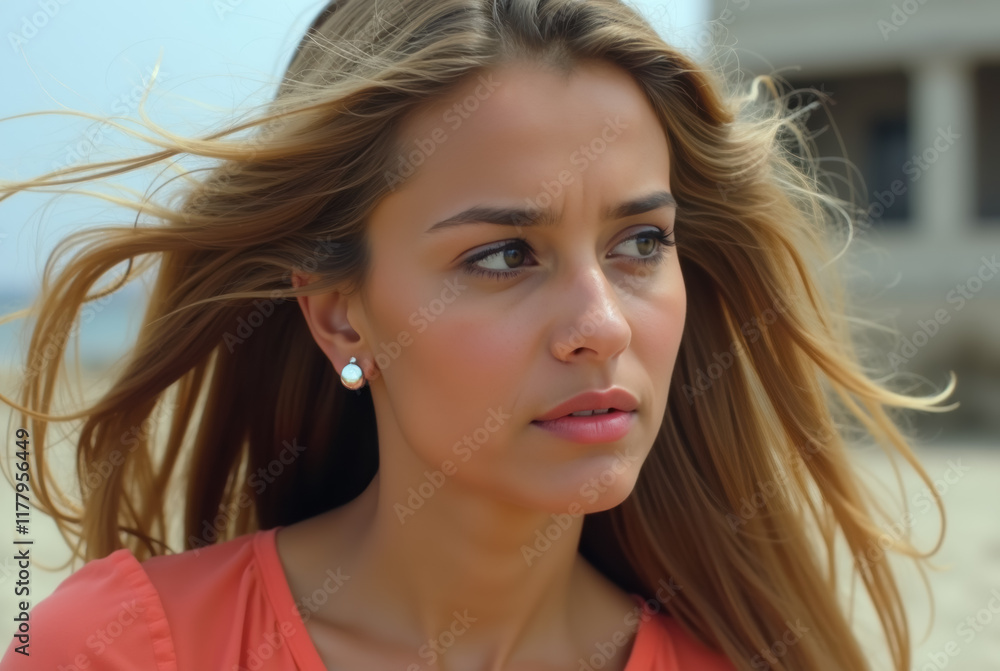 A contemplative woman on the beach with her hair blowing in the wind A contemplative woman on the beach with her hair blowing in the wind