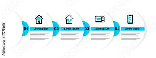 Set line Mobile charging battery, Thermostat, House under protection and Smart home with wi-fi icon. Vector