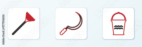 Set line Bucket, Garden rake for leaves and Sickle icon. Vector