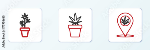 Set line Location and marijuana, Marijuana plant in pot and icon. Vector