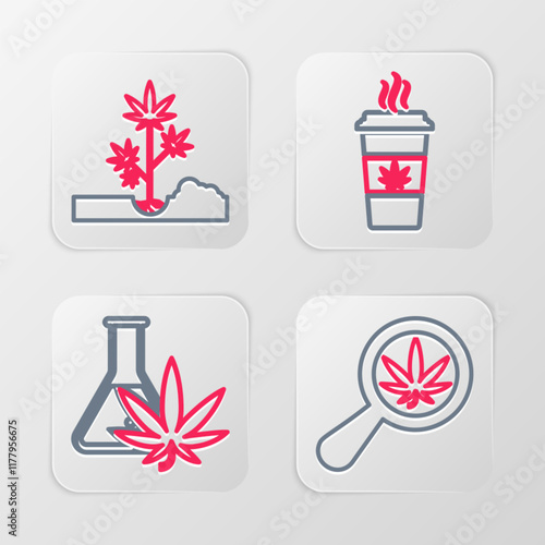 Set line Magnifying glass and marijuana, Test tube with, Cup coffee and Planting icon. Vector