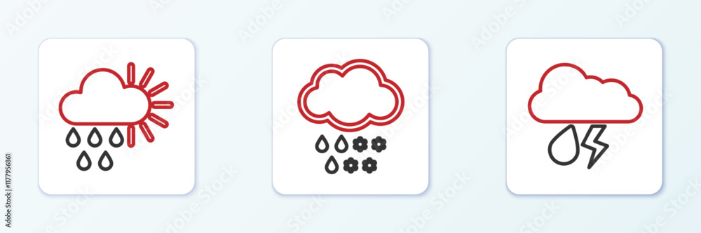 Set line Cloud with rain and lightning, Cloudy sun and snow icon. Vector