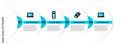 Set line Online car sharing, Train ticket, Airline and Laptop with icon. Vector