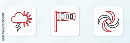 Set line Tornado, Storm and Cone meteorology windsock wind vane icon. Vector